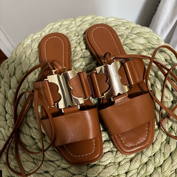 NWOB Tory Burch Gemini Link Lace Up Wrap Flat Royal Tan/Gold Leather Sandals - Picture 9 of 12